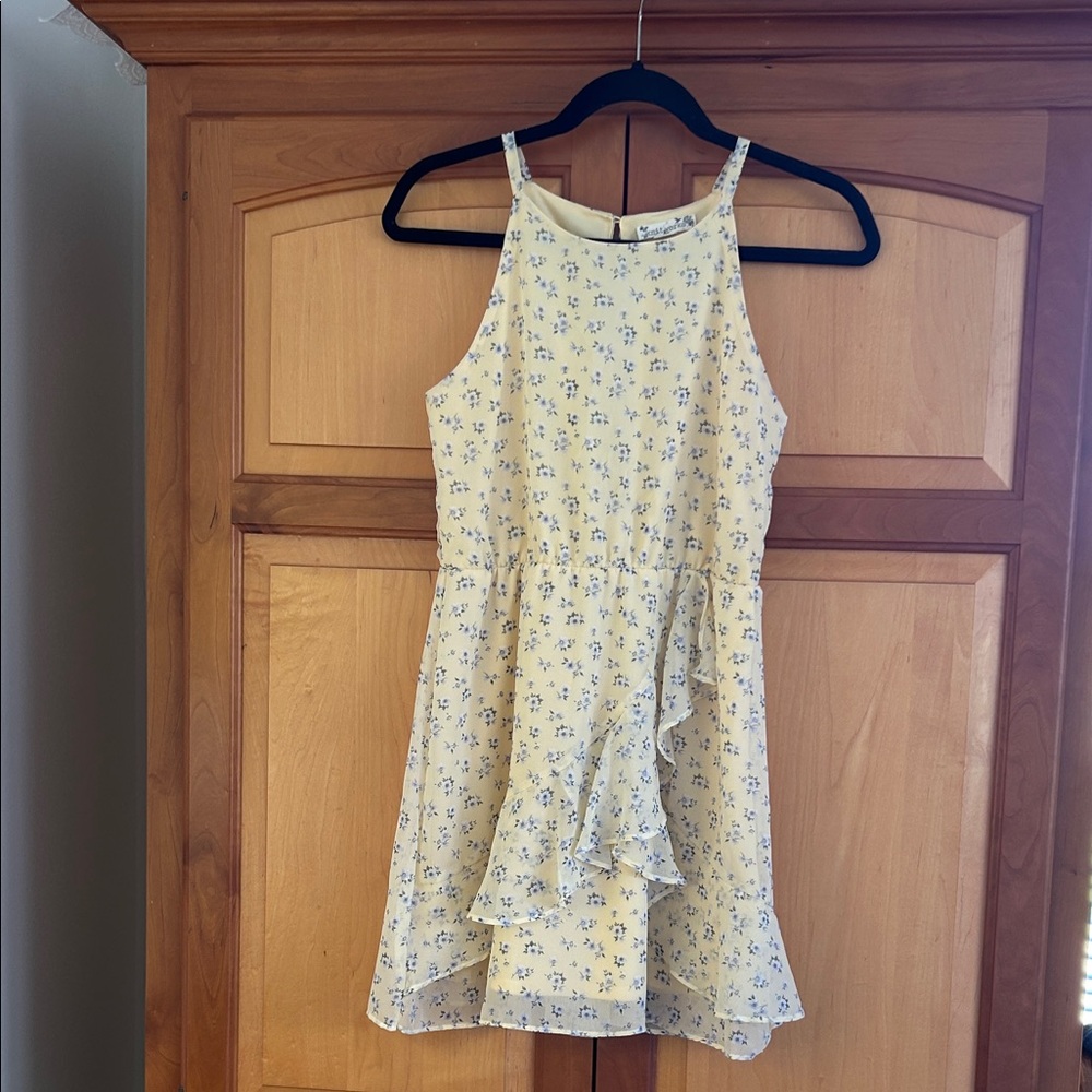 Knitworks Pale Yellow Dress with Blue Floral Print and Ruffle